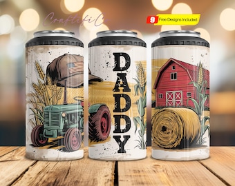 Daddy Farm Tumbler Wrap 4 in 1 Can Cooler PNG Download, Farming Father&#39;s Day Sublimation Tumbler PNG, Farm Life 4in1 Cooler Wrap Design