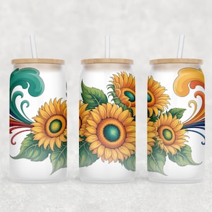 Sunflowers Libbey Glass Wrap, Flowers 16 Oz Glass Can Wrap PNG, Country Glass Tumbler Wrap, Glass Can Sublimation Wrap Design Download