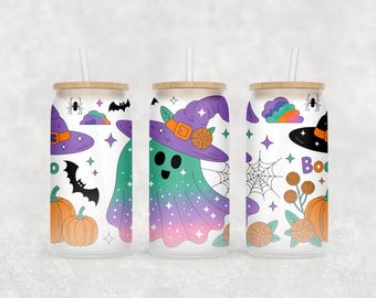 Halloween 16oz glass can sublimation PNG design Ghost Boo Spooky pumpkin Fall vibes Thanksgiving Glass can wrap Digital download