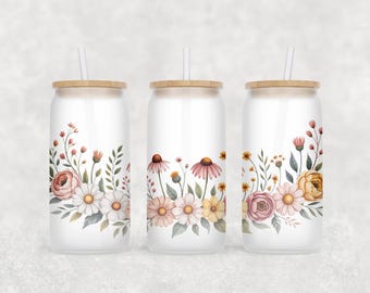 Personalisierte Eiskaffeetasse Floral Retro PNG, benutzerdefinierte Dose Glas mit Deckel, Brautjungfer Geschenk, Bachelorette Glastasse, Brautjungfer Vorschlag