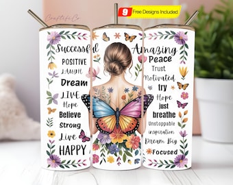 Positieve affirmaties 20 oz magere beker sublimatie ontwerp digitale download png, inspirerende vlinder beker png