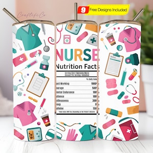 Nurse Nutrition Facts Tumbler Wrap PNG, 20 oz Skinny Sublimation Design, Funny Nurse Gift, Digital Download for Medical Workers