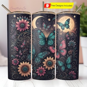 Celestial Boho Spring Butterfly 20 oz Skinny Tumbler Sublimation Design Digital Download PNG Instant Digital Only, Tumbler Wrap