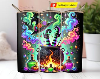 Witch Tumbler Wrap PNG, Halloween Sublimation Design, 20Oz Tumbler Wrap, Magical Tumbler Art, Witch 20Oz Skinny Tumbler Digital Download