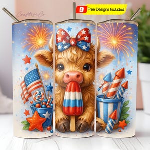 4th Of July Highland Cow Popsicle 20 oz Skinny Tumbler Sublimation PNG, Highland Cow Tumbler Wrap Design, 4th Of July Tumbler Wrap