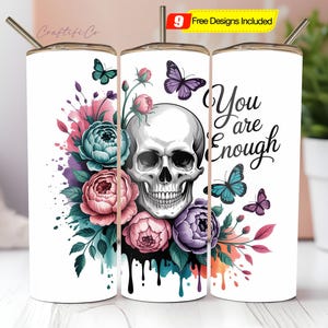 Badass self love daily affirmations skulls, florals 20oz tumbler wrap, Sublimation design templates, straight PNG Digital download