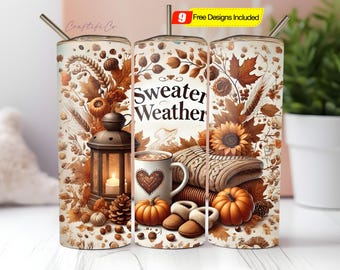 Sweater Weather Tumbler Wrap: Fall Coffee, Pumpkins, Autumn Leaves PNG Digital Download