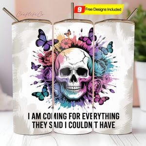 Badass self love daily affirmations skulls, florals 20oz tumbler wrap, Sublimation design templates, straight PNG Digital download