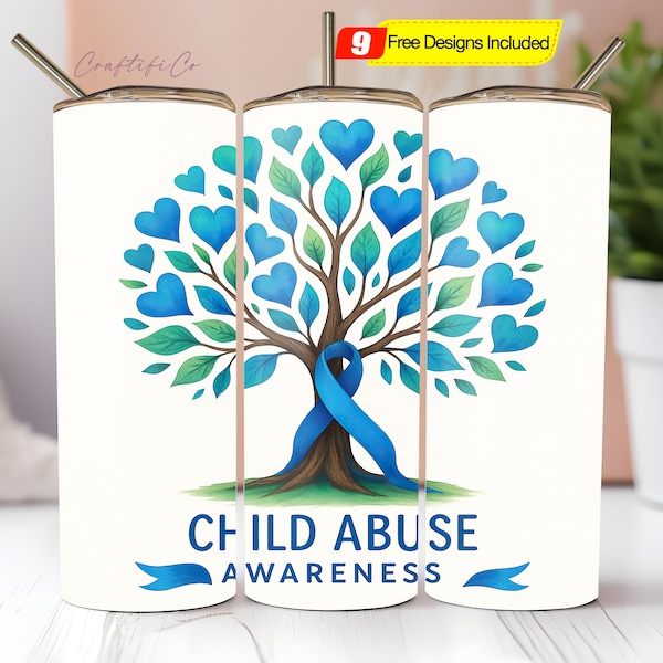 Envoltório de copo de conscientização sobre abuso infantil, design de copo de sublimação fino de 20 onças, download digital do copo de fita azul do mês de conscientização sobre abuso infantil