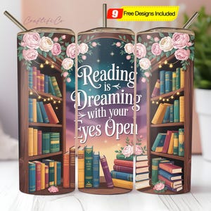 Bookish Tumbler Wrap Design PNG, Reading is Dreaming Sublimation, Row of Books Skinny Tumbler, Digital Download Tumbler Wrap Template