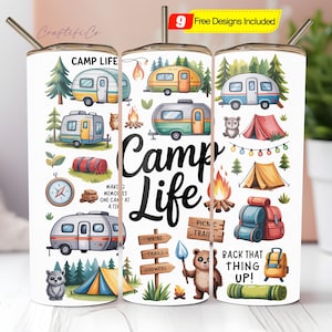Camp Life 20 oz skinny tumbler sublimation design, Camping Tumbler wrap PNG, Happy Camper Digital design, Popular Now