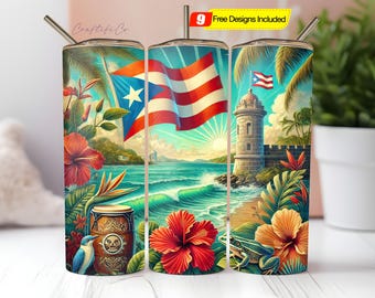 Puerto Rico beker wrap 20oz, Boricua vlag beker ontwerp digitale download, sublimatie png voor magere en rechte bekers