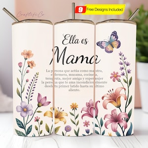 Ella Es Mama Tumbler Wrap PNG, Seamless Flowers Spanish Mother&#39;s Day 20oz Skinny Tumbler Sublimation, Digital Download