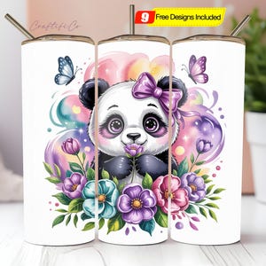 Cute Panda Tumbler Wrap PNG, 20oz Skinny Sublimation Tumbler Design, Purple Animal Sublimation Design Png, Floral Pastel Tumbler Download