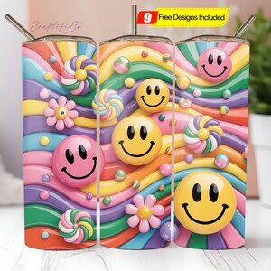 3D Inflated Puff 20oz Tumbler Wrap PNG, Puffy Floral Tumbler Design, Skinny Tumbler, Retro Puffy Sublimation Design, Instant Download
