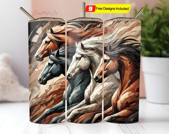 Adesivo para copo térmico fino de 20 oz com estampa de cavalo, disponível para download digital em PNG. Design para copos térmicos retos e cônicos.