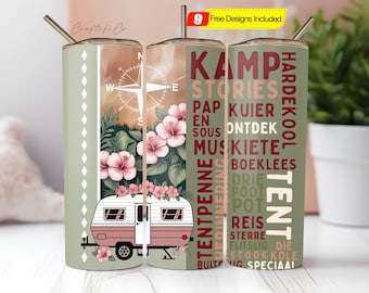 Afrikaans Kamp Vrou Skinny Tumbler Sublimation Design PNG, South African Afrikaans PNG, 20 uncji Skinny Tumbler Kamp pienk Design Camping