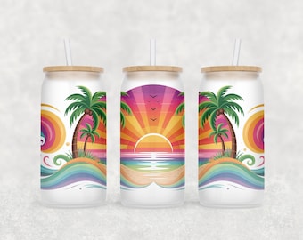 Zonsondergang Libbey glasfolie png, zomer 16 oz glasblik wrap, strand glazen beker wrap, glasblik sublimatie wrap ontwerp downloaden