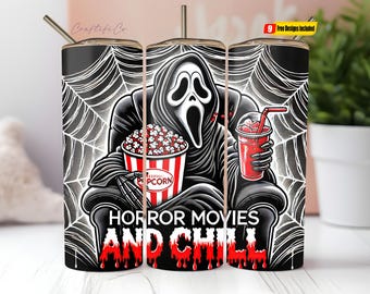 Horror Movies and Chill Tumbler Wrap, Halloween Scary Movies 20 Oz Skinny Sublimation Tumbler PNG, Spooky Crime Murder Tumbler Design 20oz
