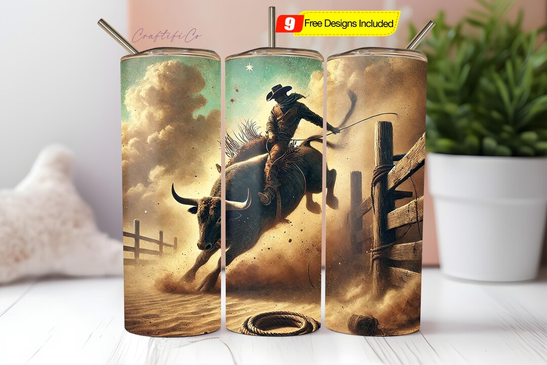 Western Cowboy Tumbler Wrap Png - Bull Rider 20oz Skinny Sublimation ...
