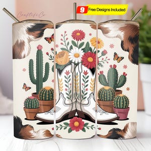 Western Cowgirl Boots Tumbler Wrap PNG, 20 oz Skinny Tumbler Sublimation Design Wrap, Digital Download Straight Design PNG, Cactus & Flowers