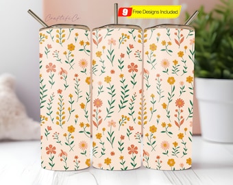 Dainty Wildflowers Tumbler Wrap Png, Embroidered Floral Tumbler Wrap, Boho Tumbler Wrap PNG, Floral 20 Oz Tumbler digital download