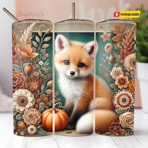 Fox Fall Tumbler Wrap PNG, Baby Fox Country 20 Oz Skinny Sublimation Tumbler PNG, Autumn Pumpkins Flowers Tumbler Design Download 20oz