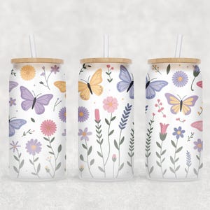 Butterfly Floral Dream 16oz Libbey Glass Can Wrap PNG, Spring Floral Glass Wrap, Wildflower Coffee Cup design, Pastel Butterfly Cup Wrap