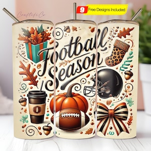 May include: A beige tumbler with a fall-themed design, featuring the text "Football Season", a football, pumpkin, and autumn leaves. Includes a black football helmet, a coffee cup, and a bow. The tumbler has a silver straw.