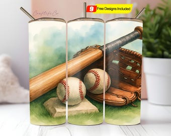 May include: A set of three sublimation tumblers featuring a watercolor illustration of a baseball bat, baseball glove, and baseballs. The background is a green and blue watercolor wash.