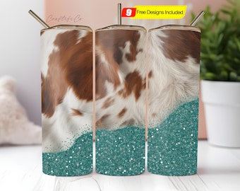 Teal Glitter Cowhide Tumbler Wrap PNG, Turquoise tumbler template, 20 oz Seamless Cowhide skinny, Teal Cowhide Tumbler Sublimation Design