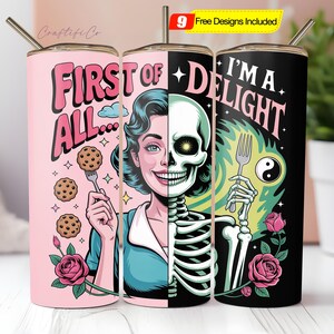 Unhinged sarcastic skeleton mom 20oz skinny tumbler wrap PNG vintage pin up mothers day tumbler 50s housewife snarky adult humor digital