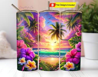 Beach Sunset Tumbler Wrap: Hibiscus, Plumeria 20 oz Skinny Tumbler PNG