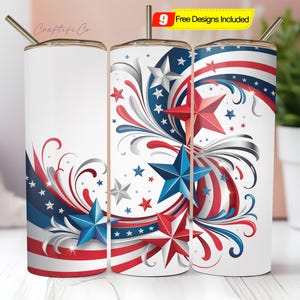 Patriotischer Tumbler Wrap 20 Unzen Skinny Tumbler Sublimationsdesign Amerikanische Flagge Tumble PNG 4. Juli Tumble Design Nahtloser digitaler Download