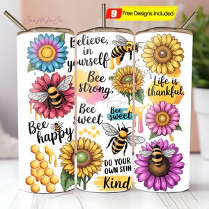 Bee Affirmation Tumbler Wrap PNG, 20oz Skinny Sublimation Tumbler Design, Inspirational Sublimation Wrap, Watercolor Bee Tumbler