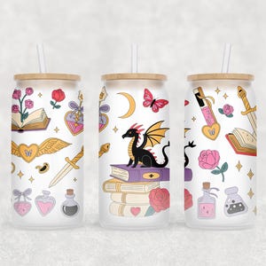 Fantasy Book Lover Cup Wrap PNG, Magical Libbey Glass Can Wrap, Enchanted Book Tumbler Design, Fairy Tale Iced Coffee Wrap, Book Lover Gift