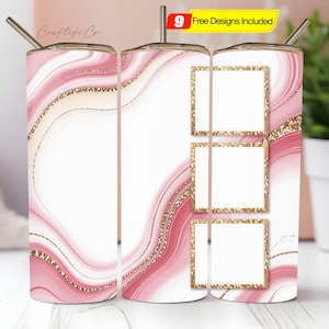 May include: A set of three stainless steel tumblers with lids and straws. The tumblers feature a pink and gold marble design with three gold-framed blank spaces. The text "9 Free Designs Included" is visible.