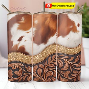 Tooled Leather and Cow 20oz Sublimation Tumbler Designs Png, Country Western 9.2 x 8.3” Straight Skinny Tumbler Wrap PNG
