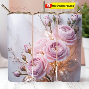 3D Pink Roses Floral Tumbler Wrap PNG, 20 oz Skinny Tumbler Sublimation Design, Seamless Flowers Tumbler Wrap, Digital Download PNG
