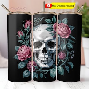 Gothic Skull & Rose Tumbler Wrap 20 oz Sublimation Tumbler Design PNG,9.2x8.3&quot; Straight Skinny Tumbler Wrap Sublimation Digital Download