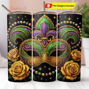 Mardi Gras Tumbler Wrap PNG Design, Mardi Gras 20 Oz Tumbler Sublimation Png, NOLA Mask Beads Tumbler PNG Digital File Download