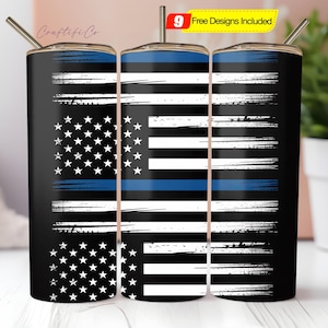 Thin Blue Line USA Flag 20 oz Skinny Tumbler Wrap Sublimation PNG Design, Police Officer Tumbler, First Responder, Digital Download