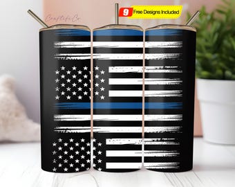 Thin Blue Line USA Flag 20 oz Skinny Tumbler Wrap Sublimation PNG Design, Police Officer Tumbler, First Responder, Digital Download