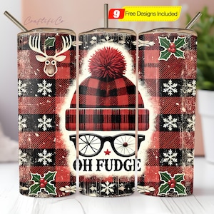 May include: Three stainless steel tumblers with a festive Christmas design. The tumblers feature a red and black buffalo plaid pattern, snowflakes, and holiday graphics. One tumbler has a reindeer, another has a hat and glasses, and the third has holly.