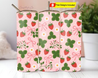 Seamless Cute Strawberry Coquette Bow Daisy Design PNG, Strawberry 20 oz Skinny Straight Tumbler Sublimation, Tumbler Wrap Digital Download