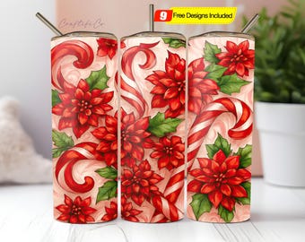 Candy Cane Seamless Pattern Tumbler Wrap PNG, 20 Oz Skinny Sublimation Tumbler Design, Christmas Candy Cane Background PNG Digital Download