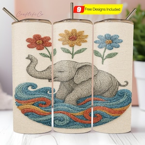 Embroidered Elephant 20 oz Skinny Tumbler Sublimation Design Digital Download PNG, Embroidery Mandala Elephant Tumbler Wrap