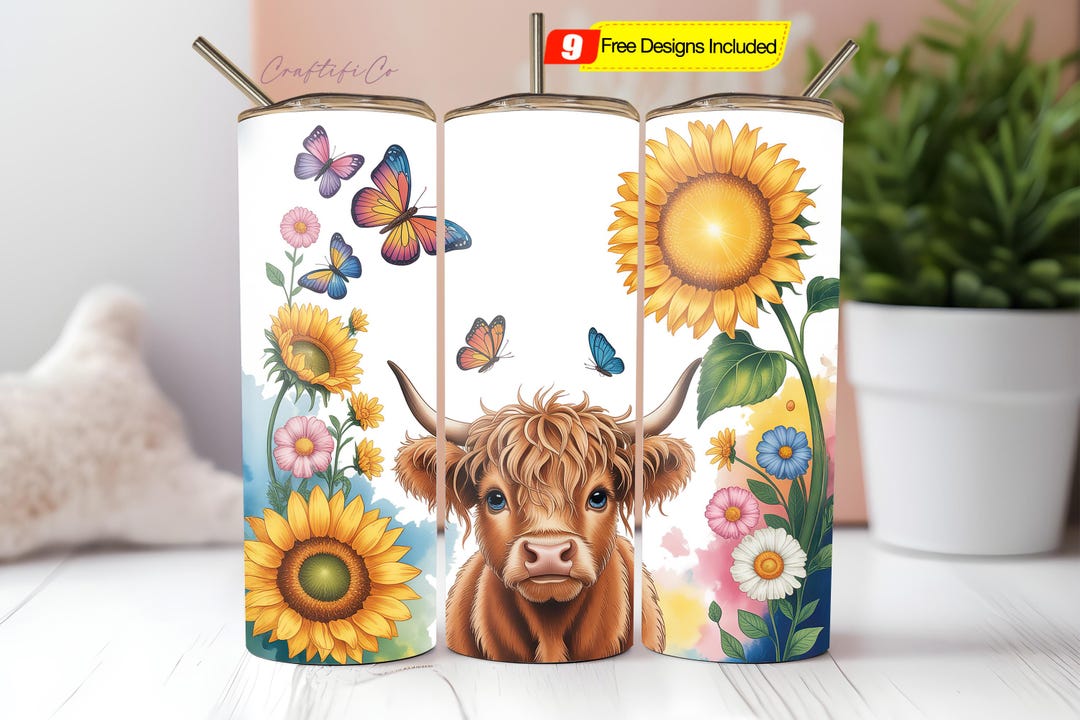 Cute Fall Highland Cow With Sunflowers Tumbler Wrap PNG, 20 Oz Skinny ...