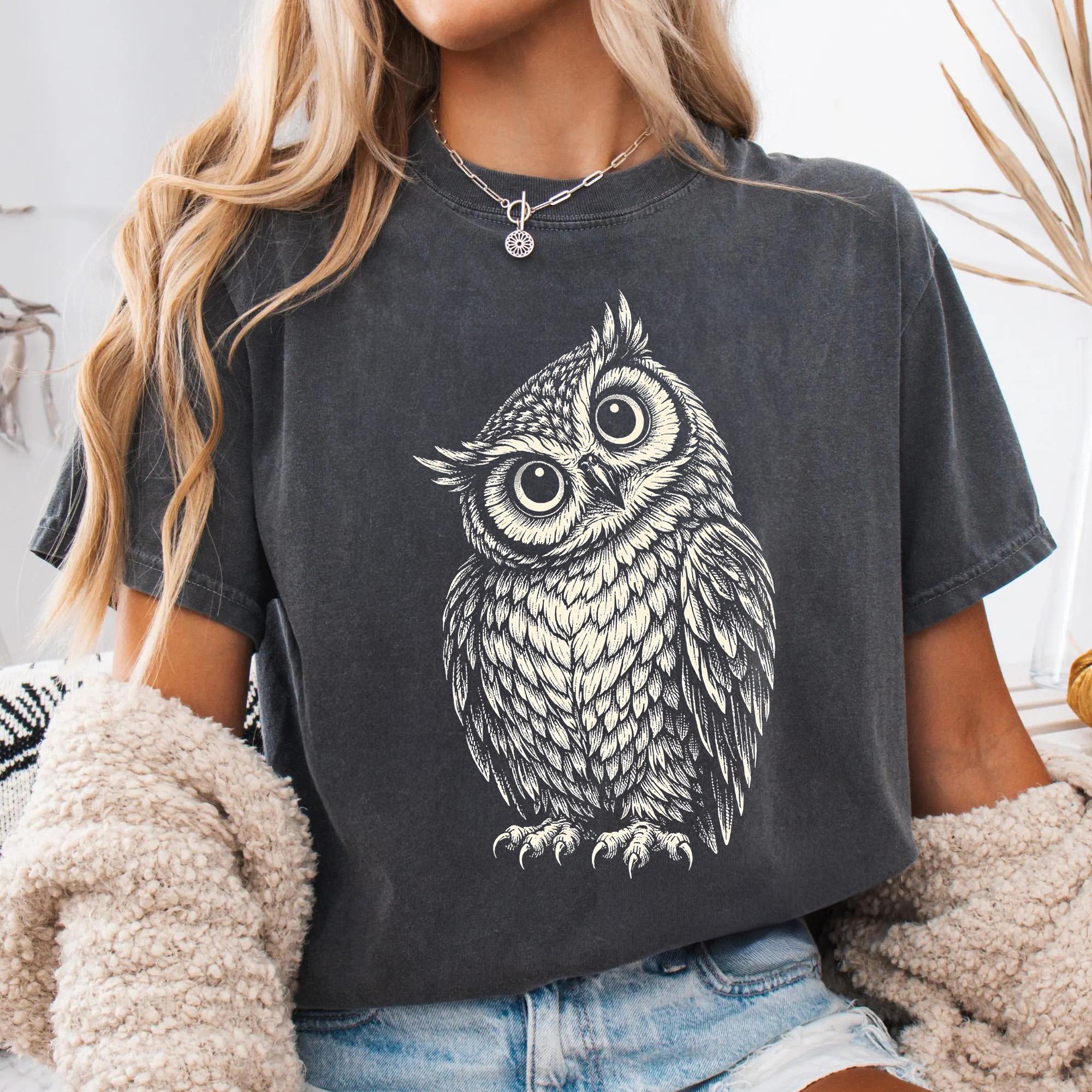 Linocut Owl Shirt, Dark Academia Comfort Colors Tee, Folk Art Bird, Forestcore Graphic, Goblincore C