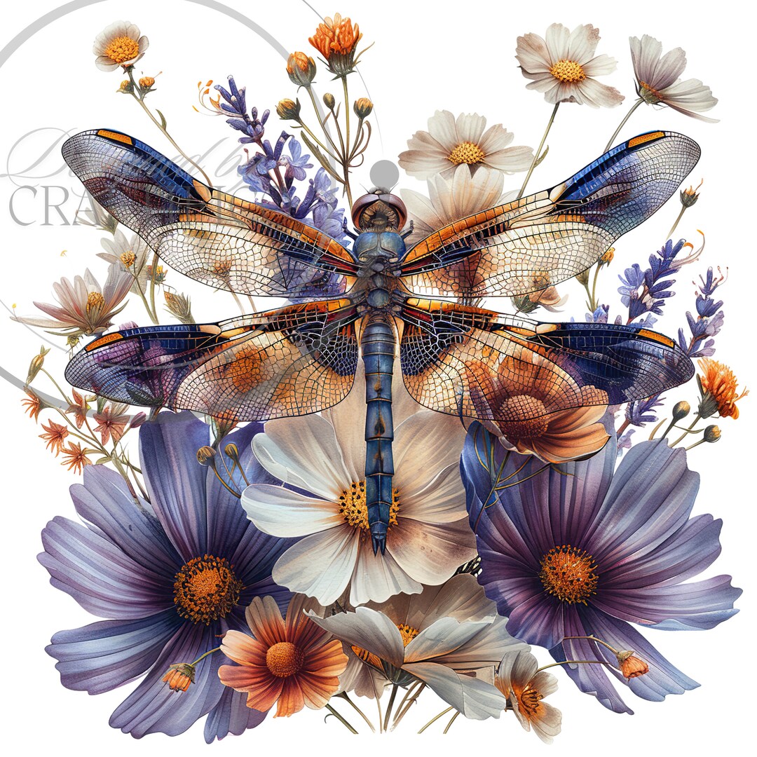Watercolor Dragonfly Floral Clipart Sublimations Bundle, Insect PNG ...